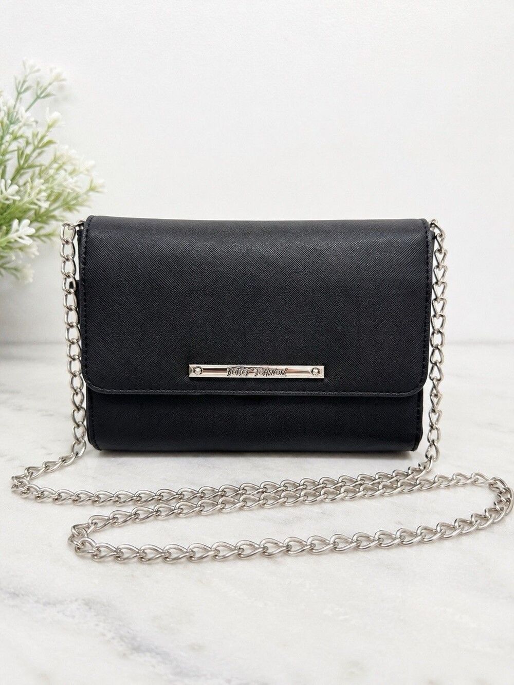 Betsey Johnson Black Wallet on Chain Crossbody Bag WOC Floral Lining Silver Mini